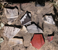 Painted pottery sherds, two are bright red
